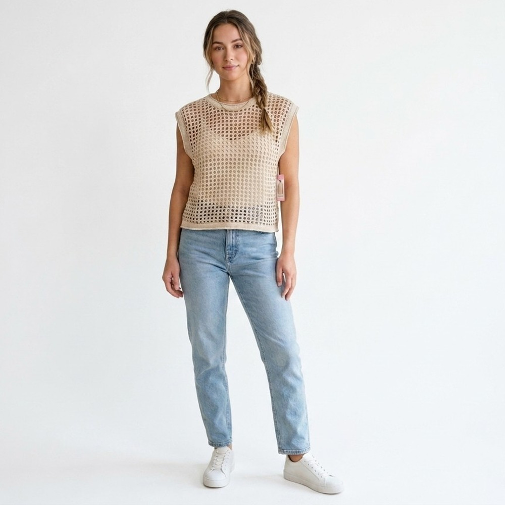 Steve Madden Beige Crochet Open-Knit Sweater Top Sleeveless Crew Neck Lined S